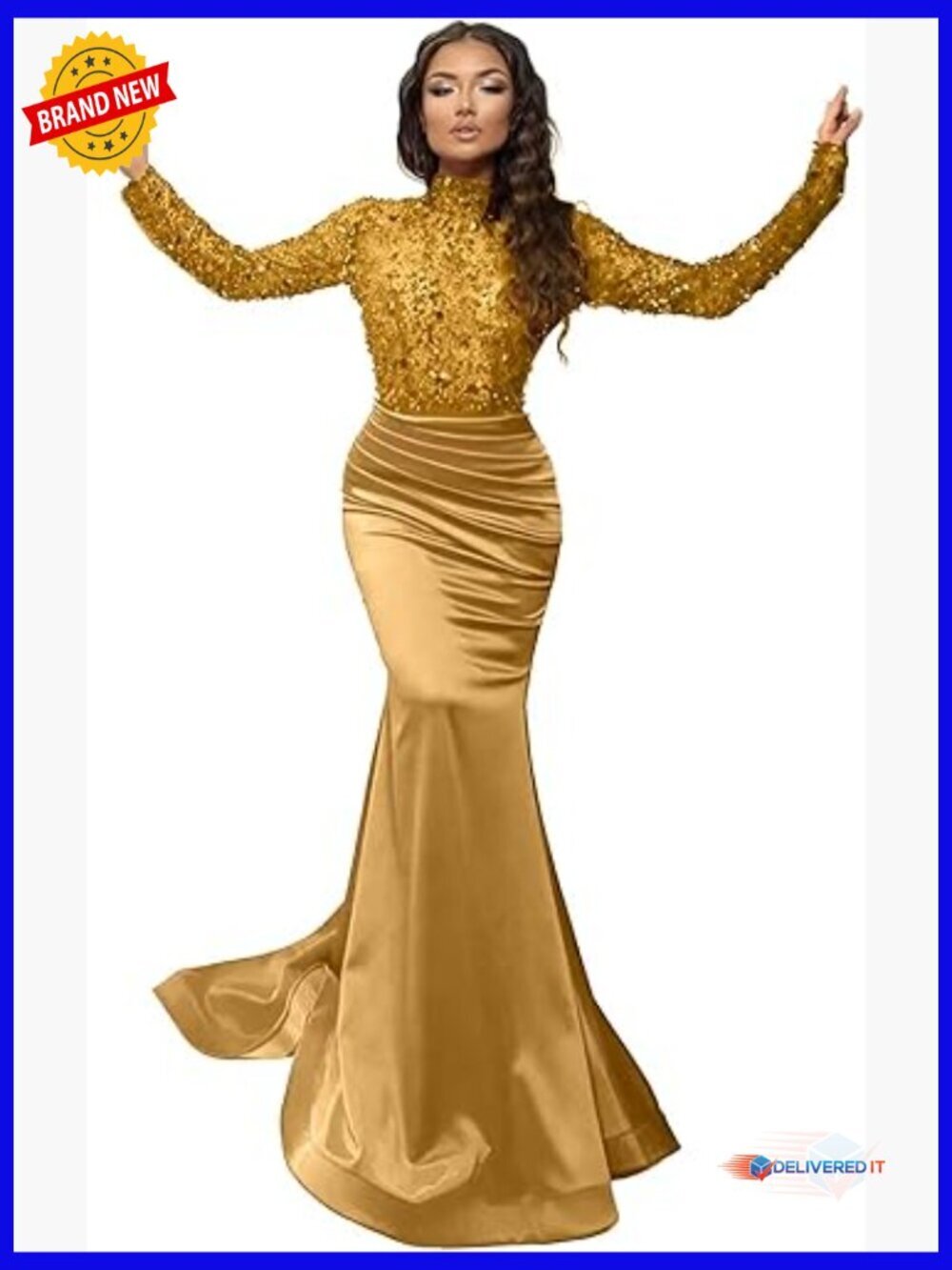 Long Sleeve Mermaid Prom Dress Sequin Satin Formal Evening Gown Backless